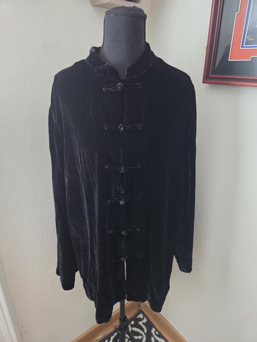 Mandarin Collar Black Velvet Silk Blend Oriental Button Front Jacket Gothic Lg.